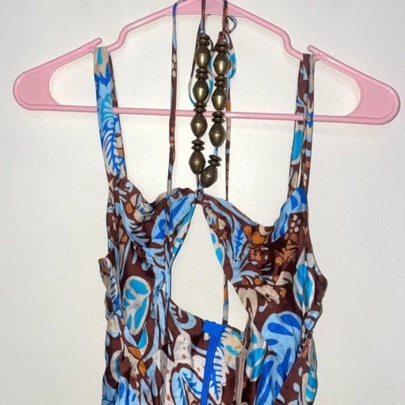 Alexis NWT Nisa Halter Midi Dress Blue Brown Floral Print Size M Resort Wedding - Picture 6 of 12
